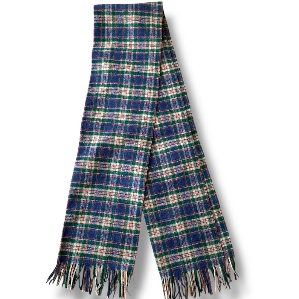 Pendleton Tartan Vintage USA Muffler Scarf Green Virgin Wool Fringe Hem Academic